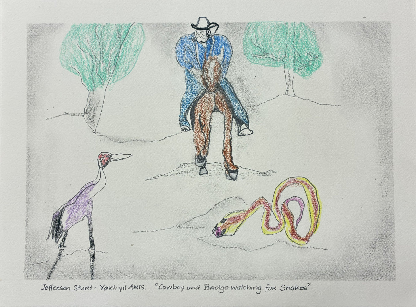 230-26 Cowboy and Brolga watching for Snakes. 28x38cm pencil on paper
