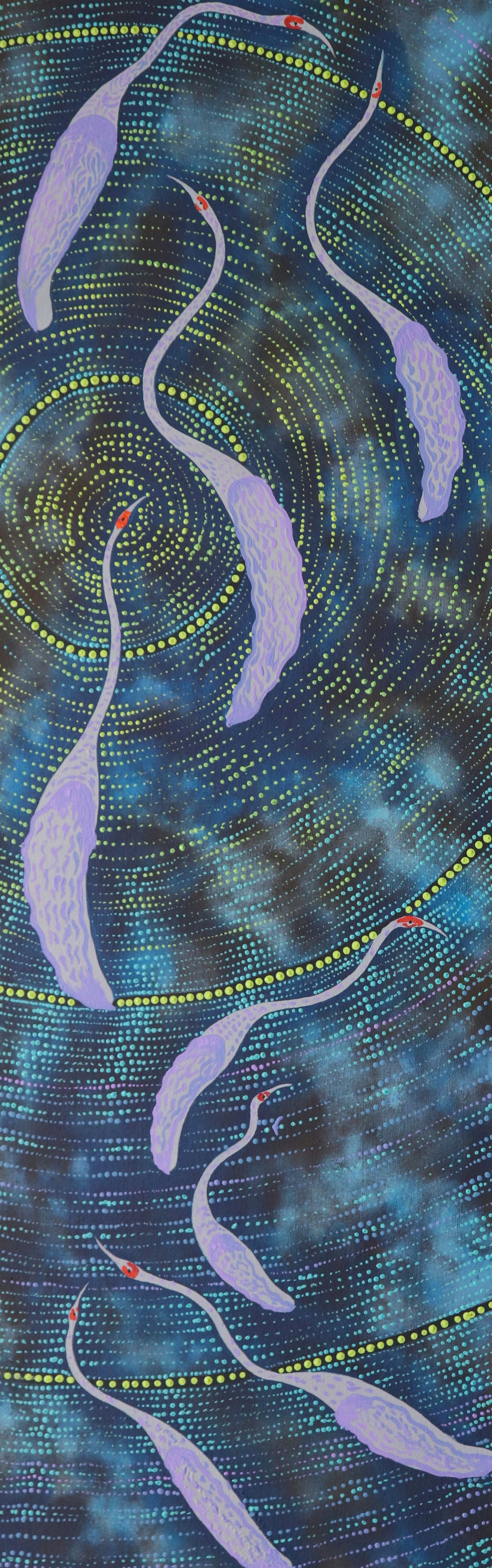 316-25 Dancing Brolga Story. 120 x 40cm. Acrylic on Canvas