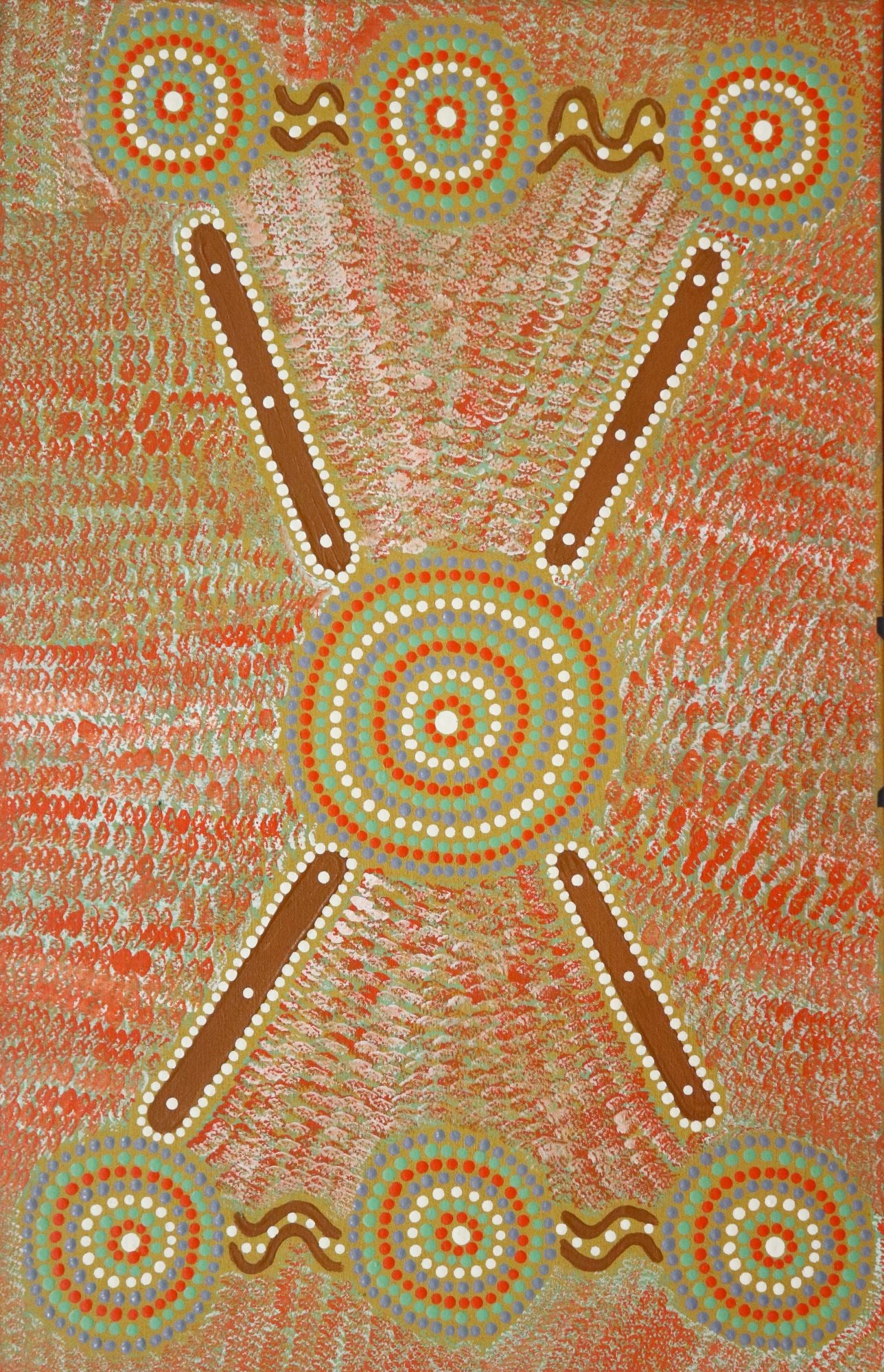 98-25 Hunting and gathering bush foods around waterholes. 70 x 45 Acrylic on Canvas