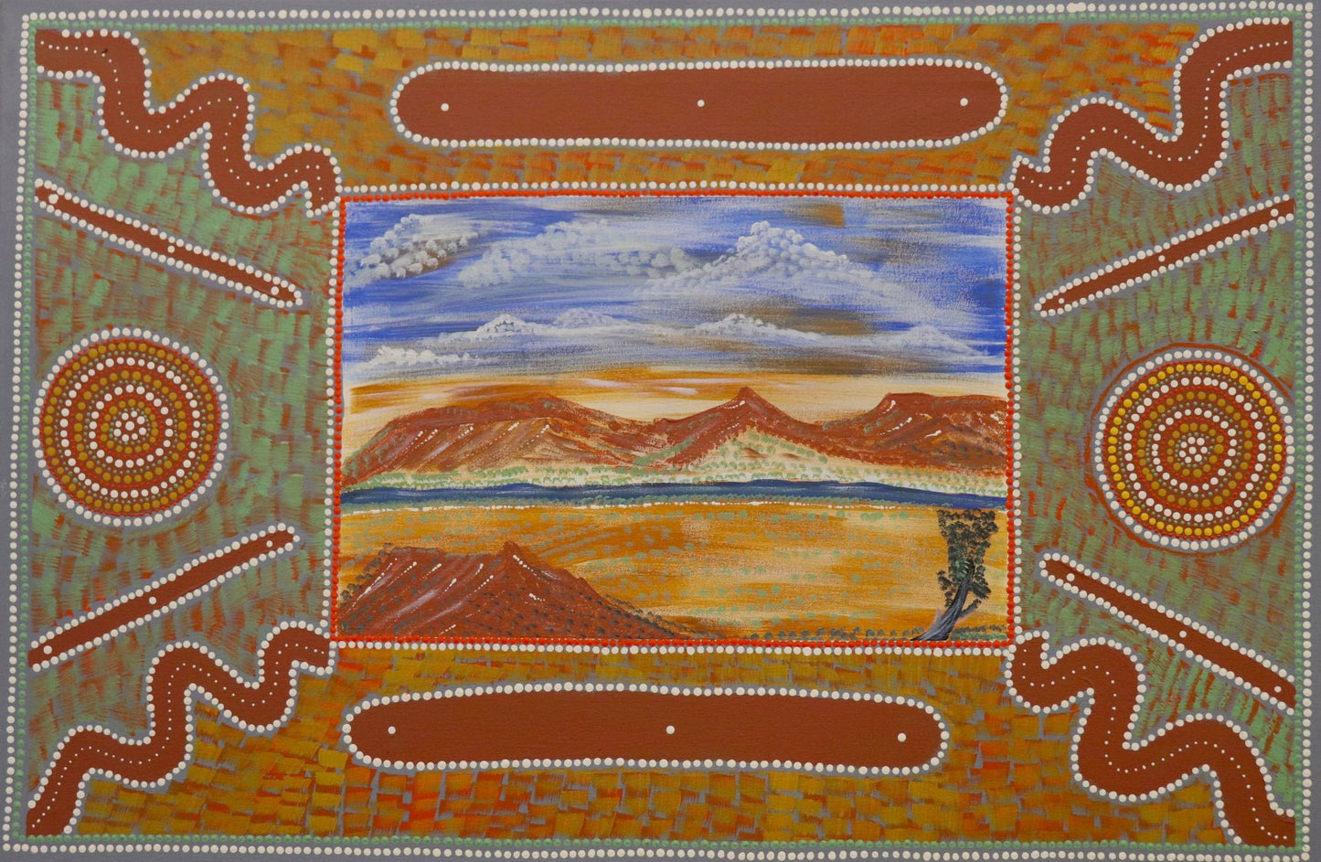 120-25 Hunting and gathering bush foods around waterholes. 90 x 60 Acrylic on Canvas
