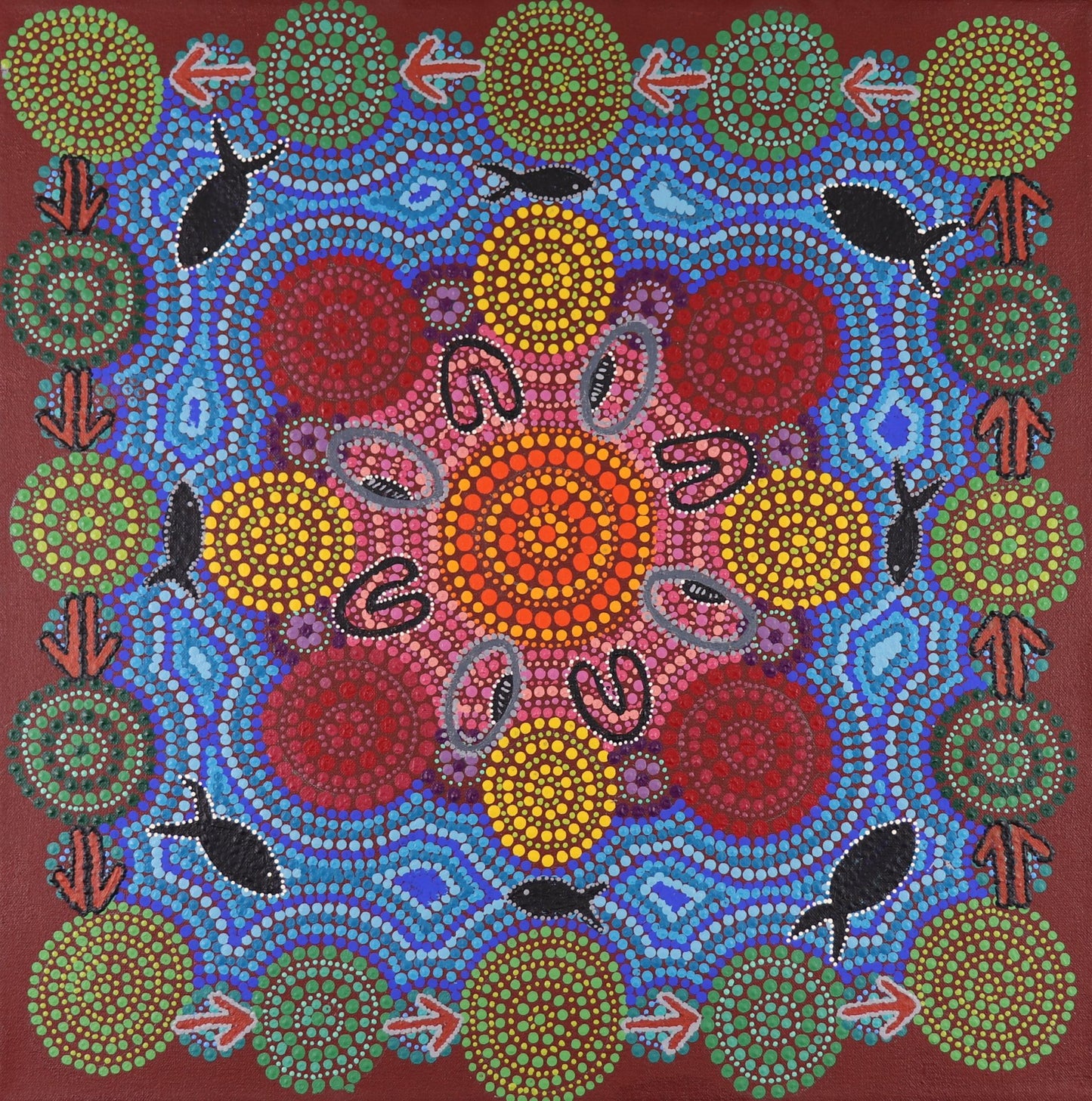 243-26 Gathering Fresh Water Mussel and Bush Foods. 50x50cm acrylic on canvas