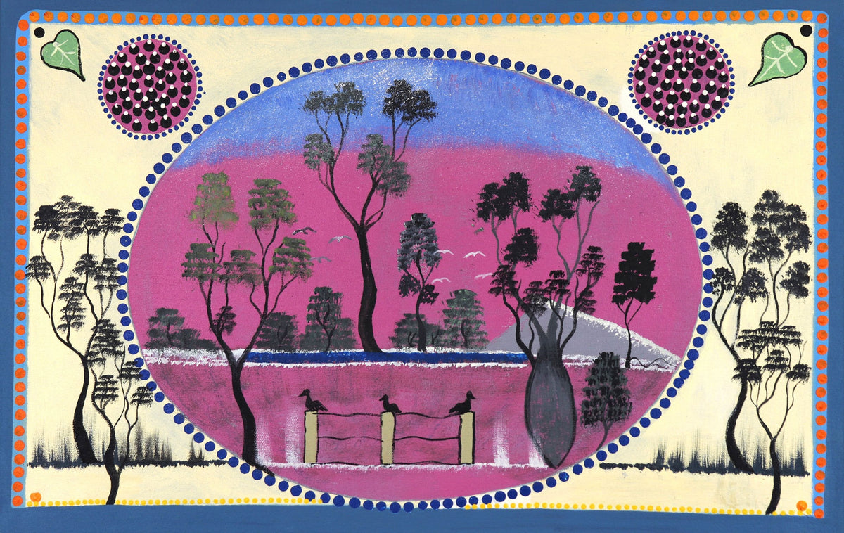360-26 Bird Life and Bush Passionfruit. Louisa Downs Station. 45x70cm acrylic on canvas