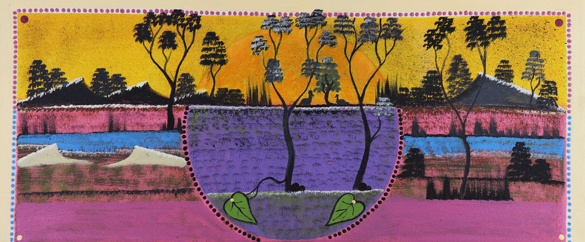 392-26 Bush passionfruit and other bushfoods. Louisa Downs Station. 30x70cm acrylic on canvas