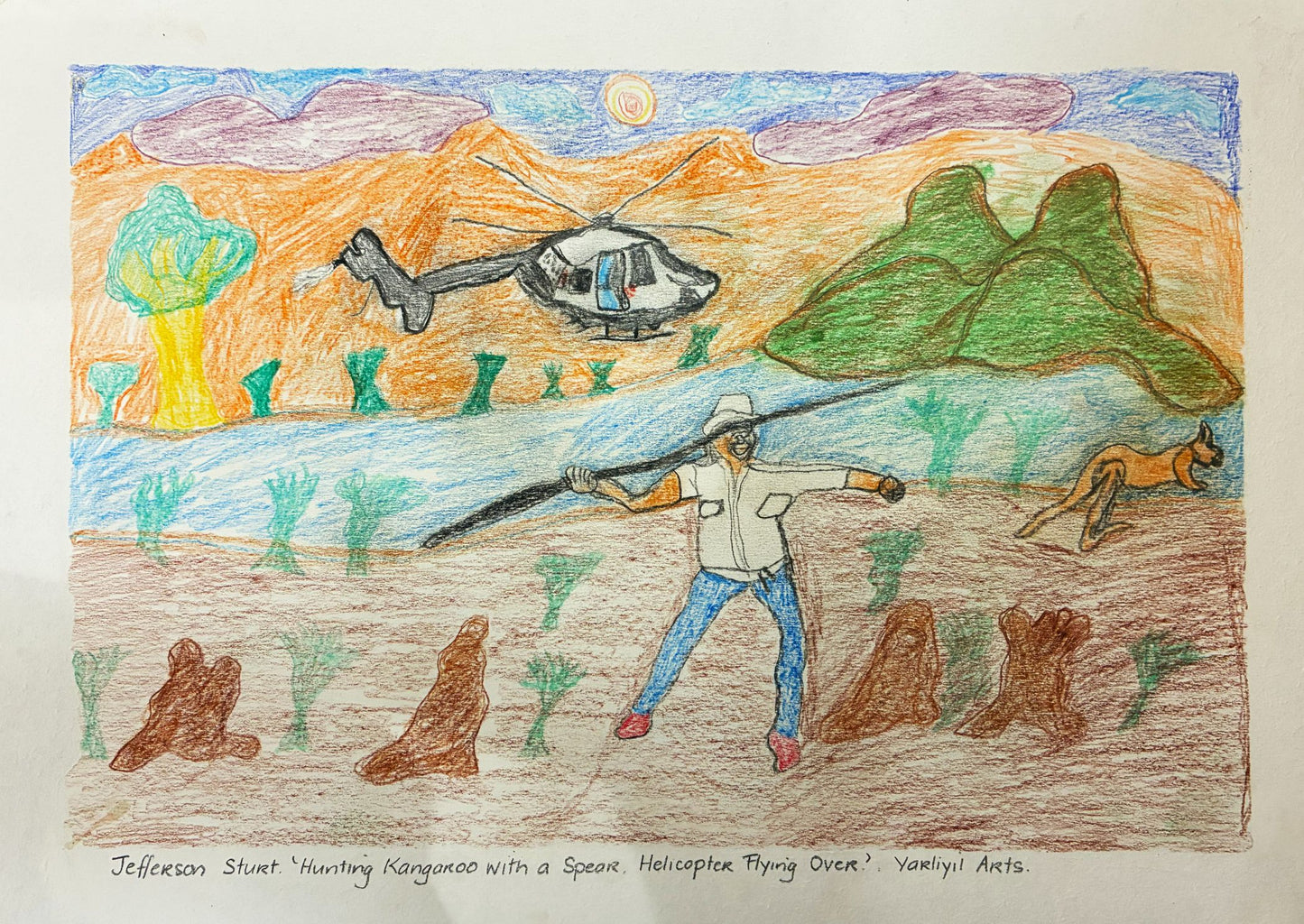 172-26 Hunting Kangaroo with a spear. Helicopter flying over. 30x42cm pencil on paper