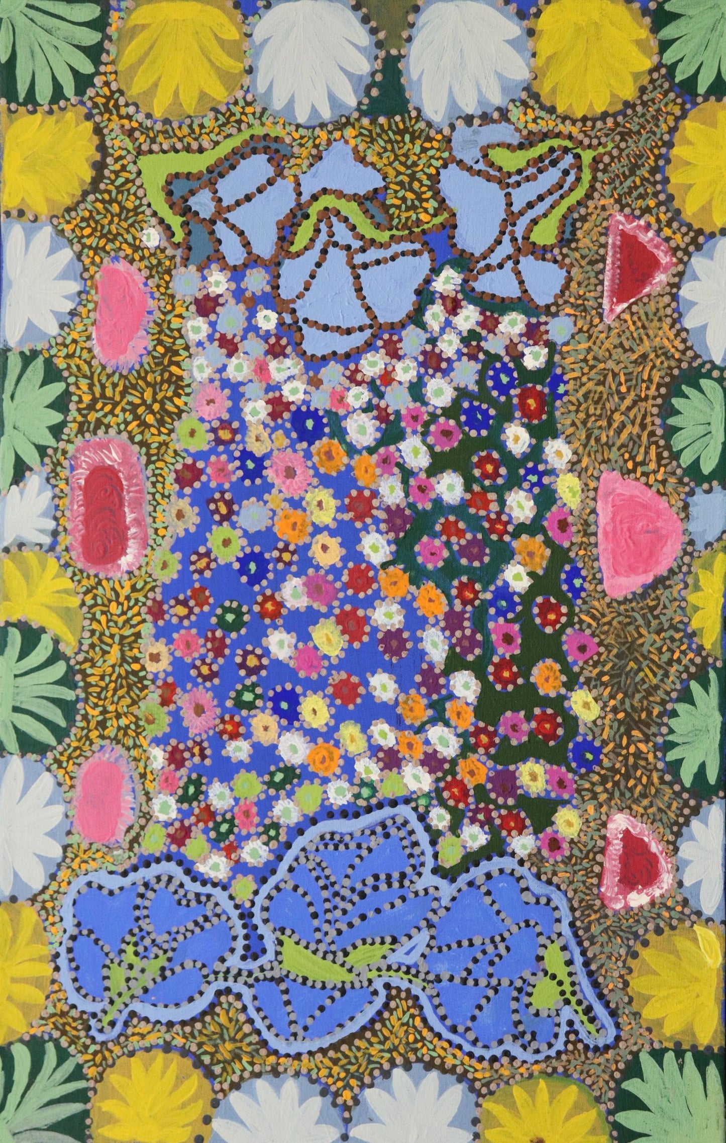 219-25 Gathering bush foods, bush medicine and wildflowers around waterholes. 70 x 45 Acrylic on Canvas