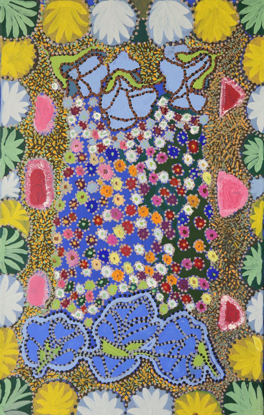 219-25 Gathering bush foods, bush medicine and wildflowers around waterholes. 70 x 45 Acrylic on Canvas