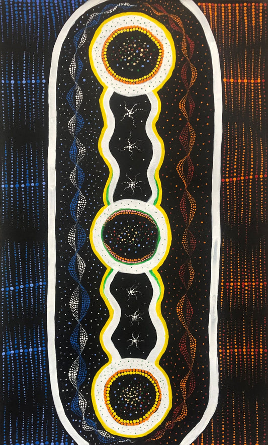 23-25 Fire and Rain - dry and wet seasons on country. 75 x 45 Acrylic on Canvas