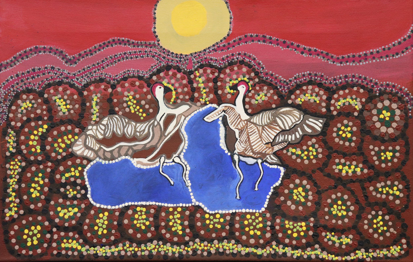 245-25 Dancing Brolga Story. 70 x 45 Acrylic on Canvas