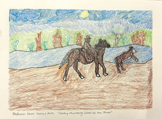247-26 Cowboy mustering calves by the river. 28 x 38cm Pencil/Pen on Archival Paper