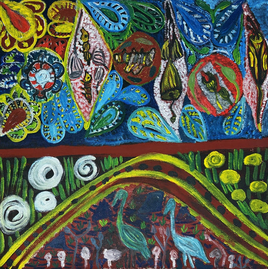 250-18 My Mother's Country - Old Flora Valley Station -  Wungu. 50 x 50 Acrylic on Canvas