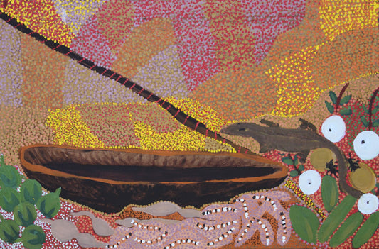 31-19 Hunting and Gathering at Sturt Creek. 90 x 60 Acrylic on Canvas