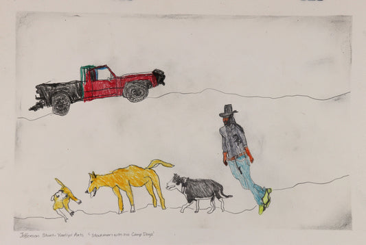 328-26 Stockman with his Camp Dogs. 38 x 55cm Pencil/Pen on Archival Paper