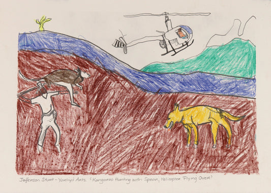 329-26 Kangaroo Hunting with a Spear - Helicopter Flying Over. 28 x 38cm Pencil/Pen on Archival Paper