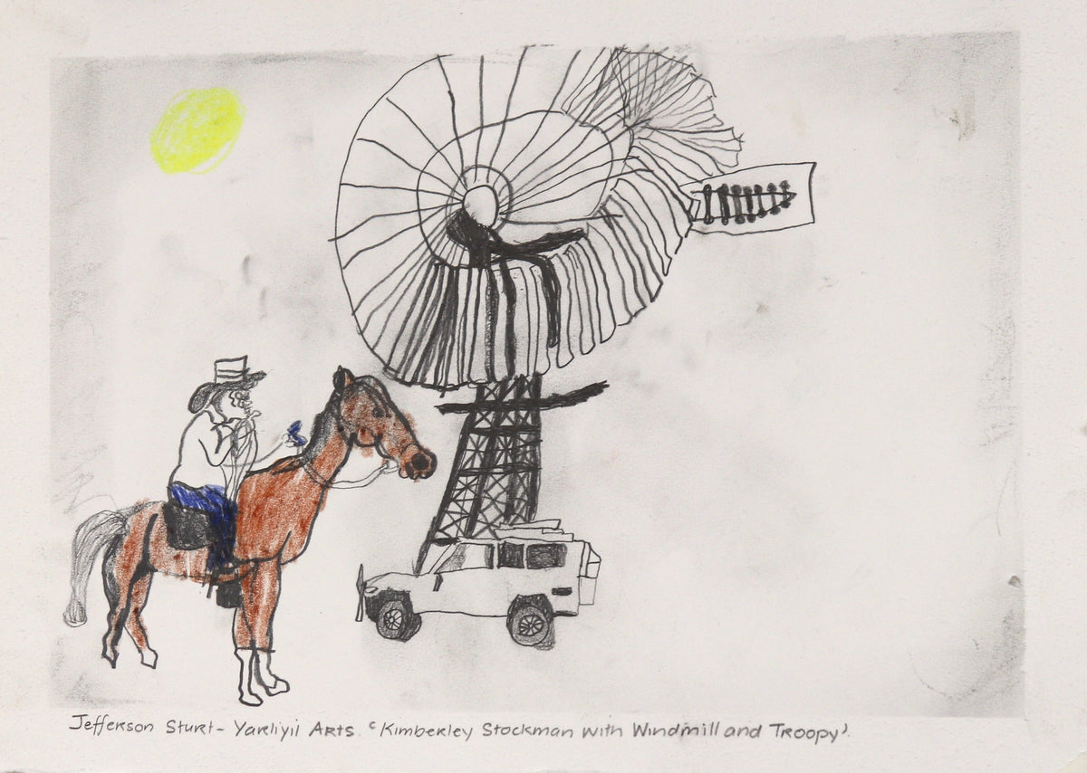 362-26 Kimberley Stockman with Windmill and Troopy. 28 x 38cm Pencil/Pen on Archival Paper