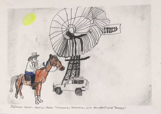 362-26 Kimberley Stockman with Windmill and Troopy. 28 x 38cm Pencil/Pen on Archival Paper