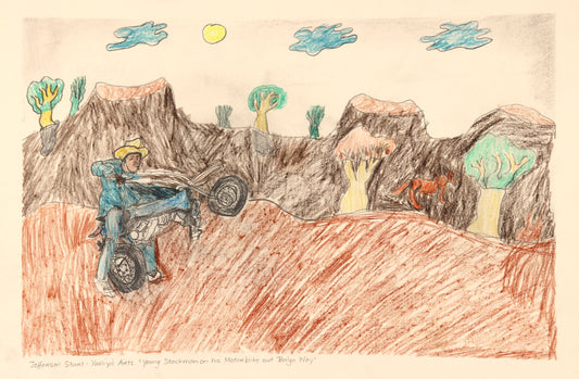364-26 Young Stockman on his Motorbike out Balgo Way. 38 x 55cm Pencil/Pen on Archival Paper