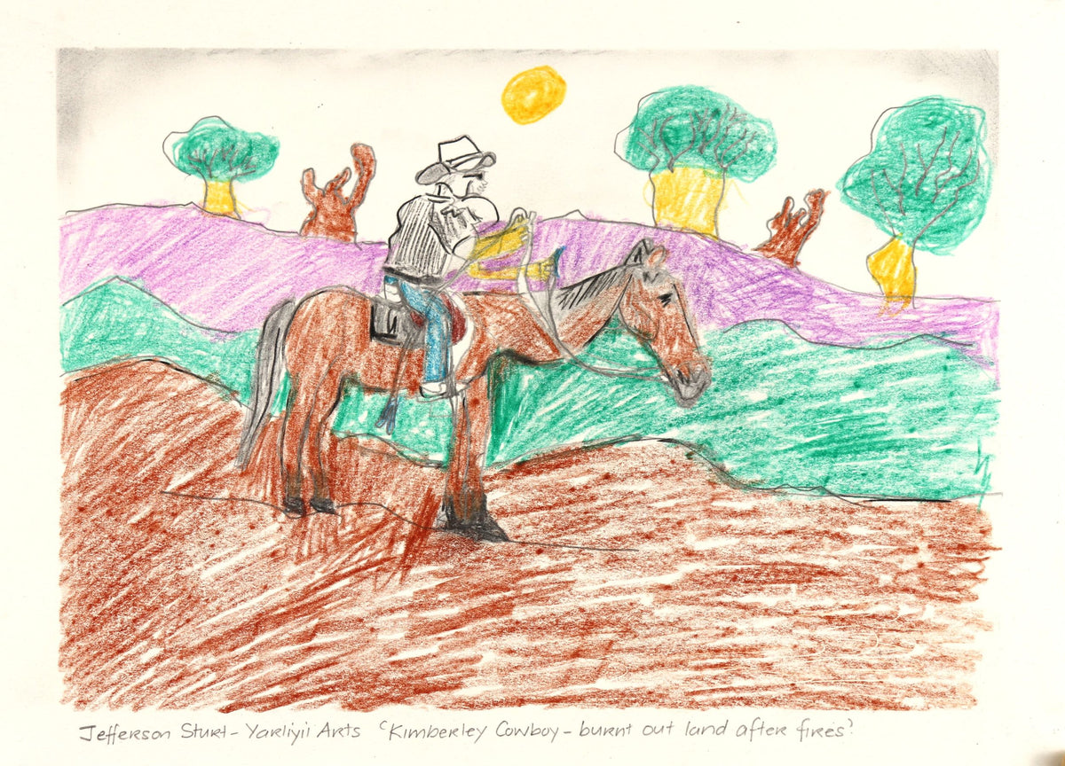 374-26 Kimberley Cowboy . Burnt out land after fires. 28 x 38cm Pencil/Pen on Archival Paper