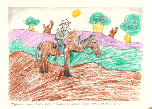 374-26 Kimberley Cowboy . Burnt out land after fires. 28 x 38cm Pencil/Pen on Archival Paper
