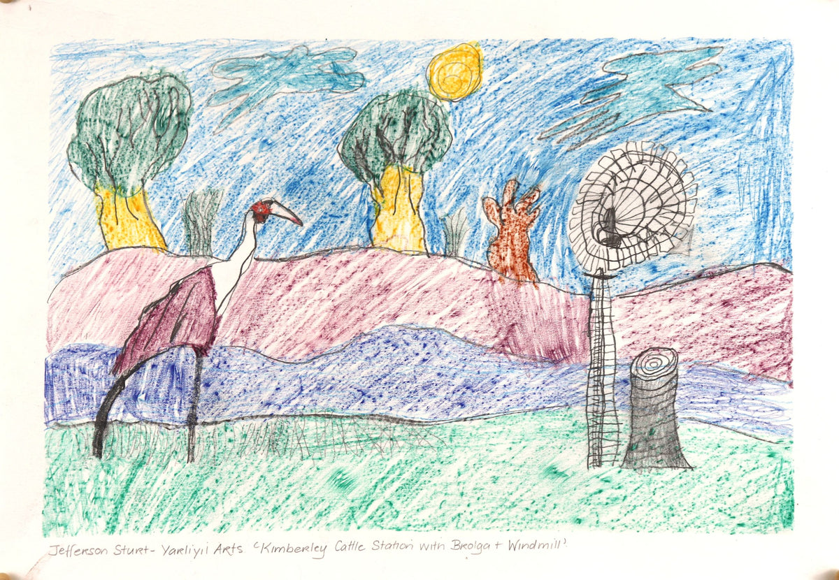 375-26 Kimberley Cattle Station with Brolga and Windmill. 30 x 42cm Pencil/Pen on Archival Paper