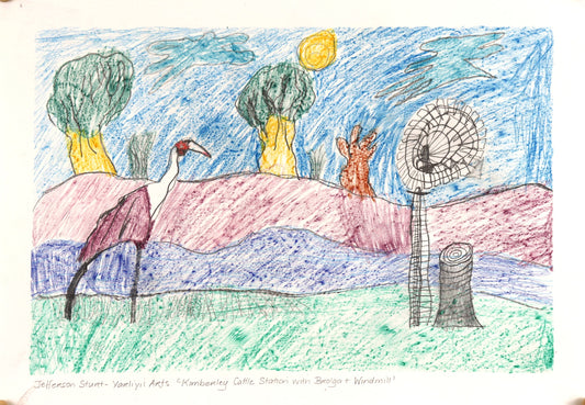 375-26 Kimberley Cattle Station with Brolga and Windmill. 30 x 42cm Pencil/Pen on Archival Paper