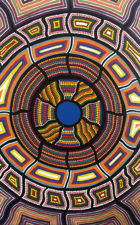 67-25 Gathering bush foods, bush medicine and wildflowers around waterholes. 70 x 45 Acrylic on Canvas