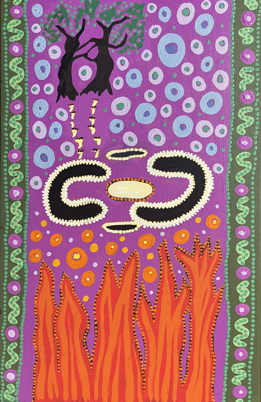 3-26 Fire and Rain - dry and wet seasons on country. 70 x 45 Acrylic on Canvas