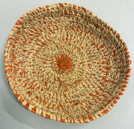 316-26 Hand Woven Basket. 29cm diameter, natural fibres and dyes.