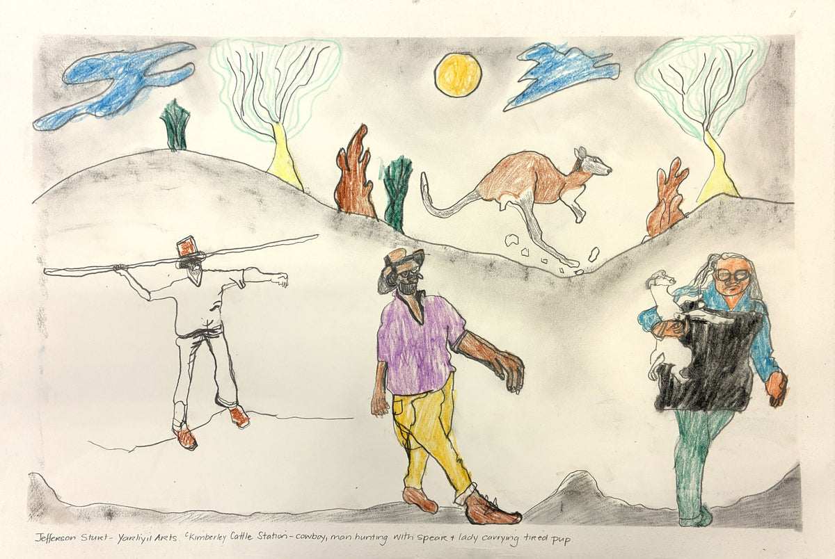 406-26 Kimberley Cattle Station - cowboy, man hunting with spear and woman carrying tired pup. 38 x 55cm Pencil/Pen on Archival Paper