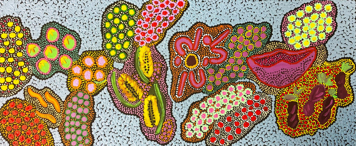 471-26 Gathering bush foods, bush medicine and wildflowers around waterholes. 30x70cm acrylic on canvas