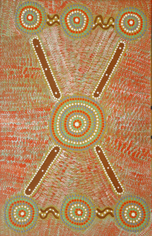 98-25 Hunting and gathering bush foods around waterholes.  70 x 45 Acrylic on Canvas