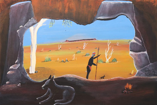 54-26 Hunting with Camp Dogs around Karntimarlarl, (Wolfe Creek Crater). 90 x 60 cm acrylic on canvas