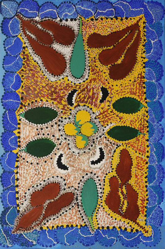 76-26 Hunting and gathering bush foods around waterholes. 90 x 60 cm acrylic on canvas