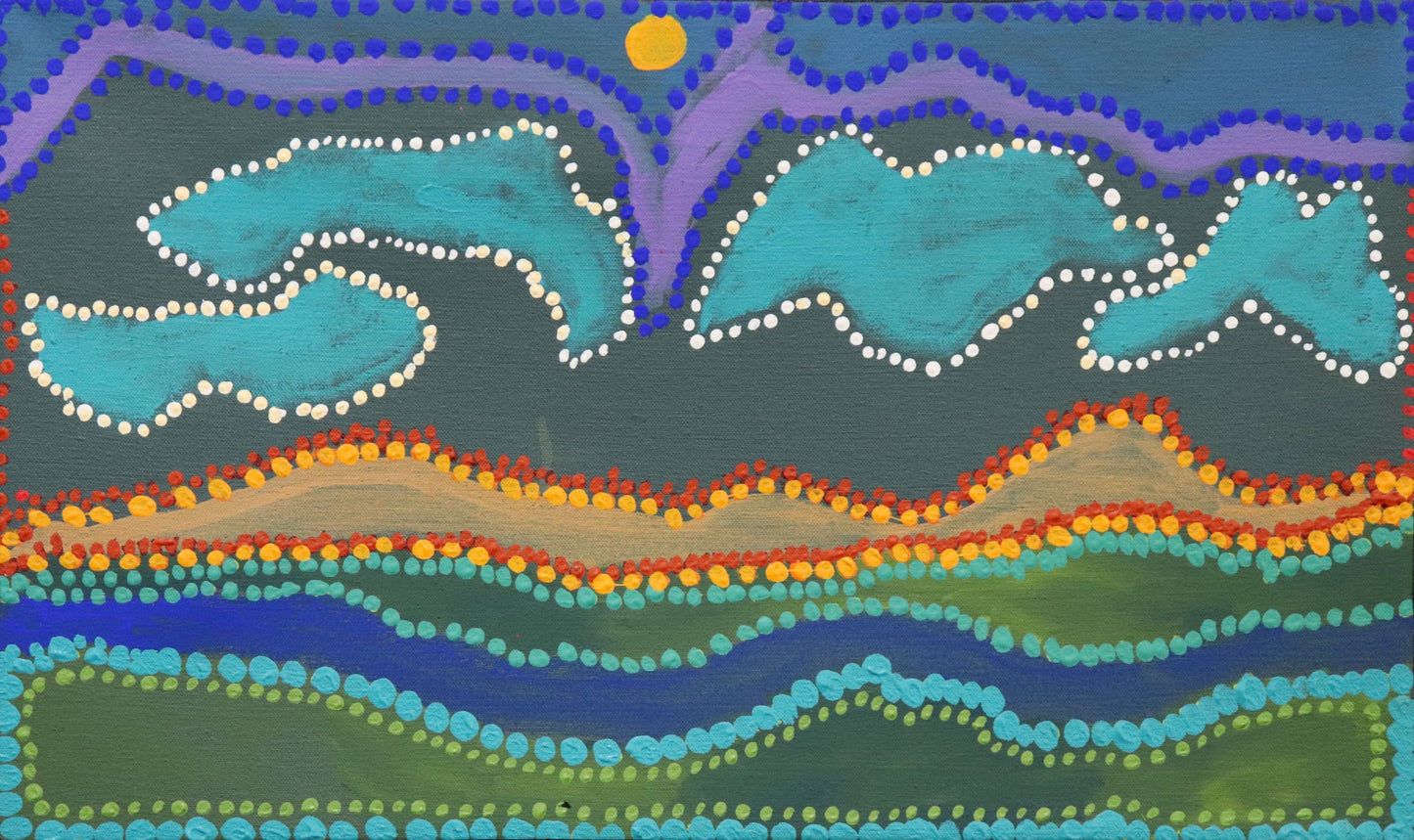 92-26 Hunting and gathering bush foods around Rivers out Bililuna Way. 50 x 30 cm acrylic on canvas