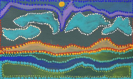 92-26 Hunting and gathering bush foods around Rivers out Bililuna Way. 50 x 30 cm acrylic on canvas