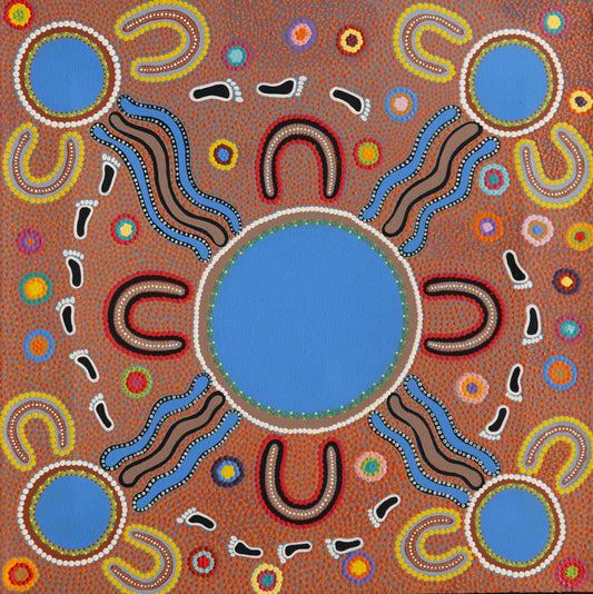 106-26 Gathering bush foods and Medicine for Ceremony - Women's Business. 50x50cm acrylic on canvas