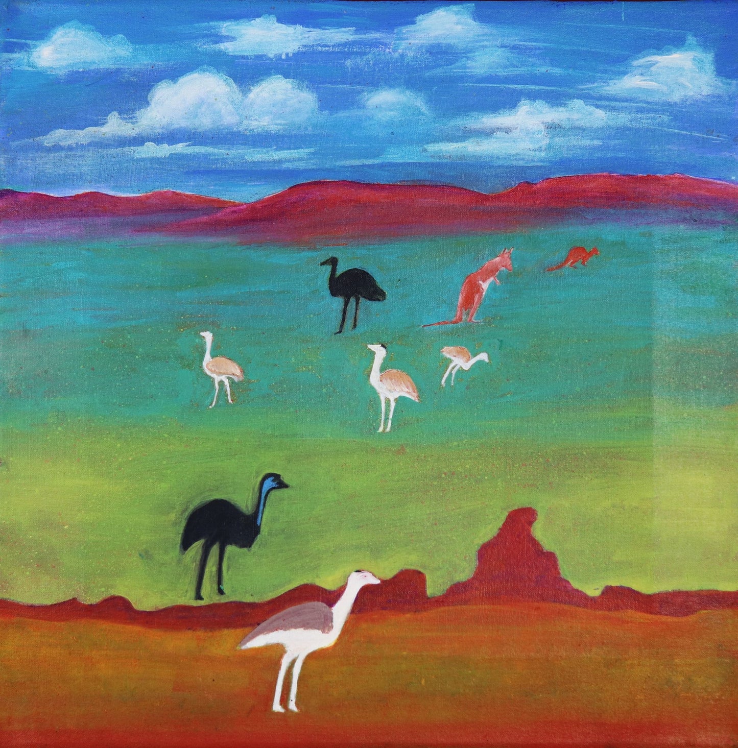 134-26 Emu and Kangaroo - Wet Season. 50x50cm acrylic on canvas