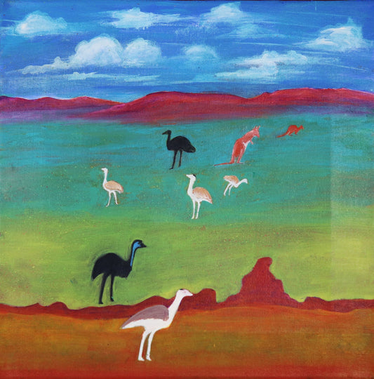 134-26 Emu and Kangaroo - Wet Season. 50x50cm acrylic on canvas