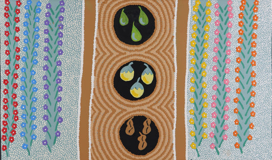 244-26 Gathering bush foods, bush medicine and wildflowers around waterholes. 30x50cm acrylic on canvas