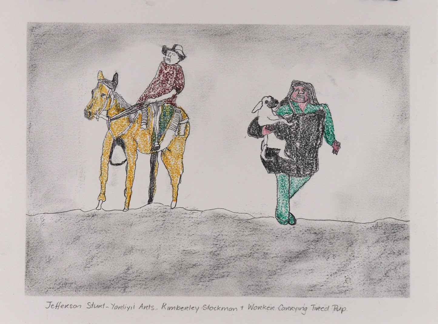 264-26 Kimberley Stockman and worker carrying tired pup. 28 x 38cm Pencil/Pen on Archival Paper