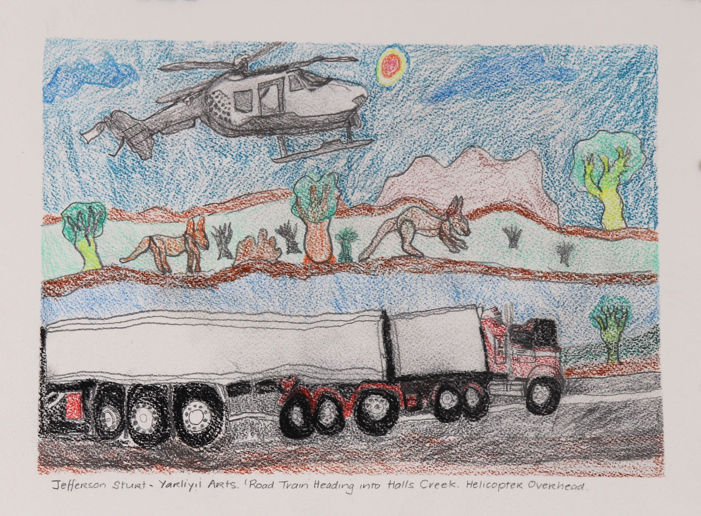 280-26 Road Train Heading into Halls Creek. Helicopter Overhead. Road Train Heading into Halls Creek. Helicopter Overhead.