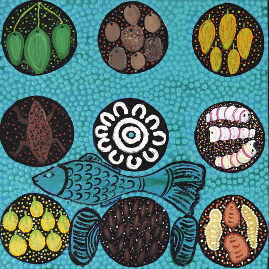 323-26 Gathering Fresh Water Mussel and Bush Foods. 30x30cm (stretched) acrylic on canvas