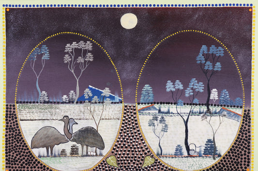 359-26 Emu and Bush Passionfruit. Louisa Downs Station. 60x90cm acrylic on canvas