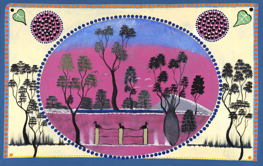 360-26  Bird Life and Bush Passionfruit. Louisa Downs Station. 45x70cm acrylic on canvas