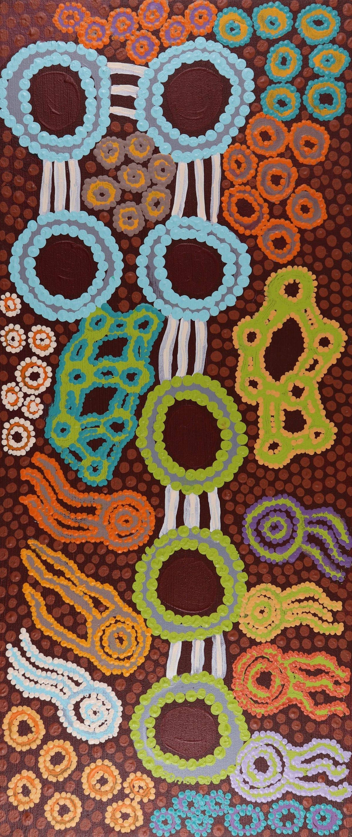 396-26 Yanjirlpirri Jukurrpa (Seven Sisters Dreaming - Walpiri). 70x30cm acrylic on canvas.
