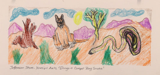 452-26 Dingo and Carpet Bag Snake. 15 x 30cm Pencil/Pen on Archival Paper