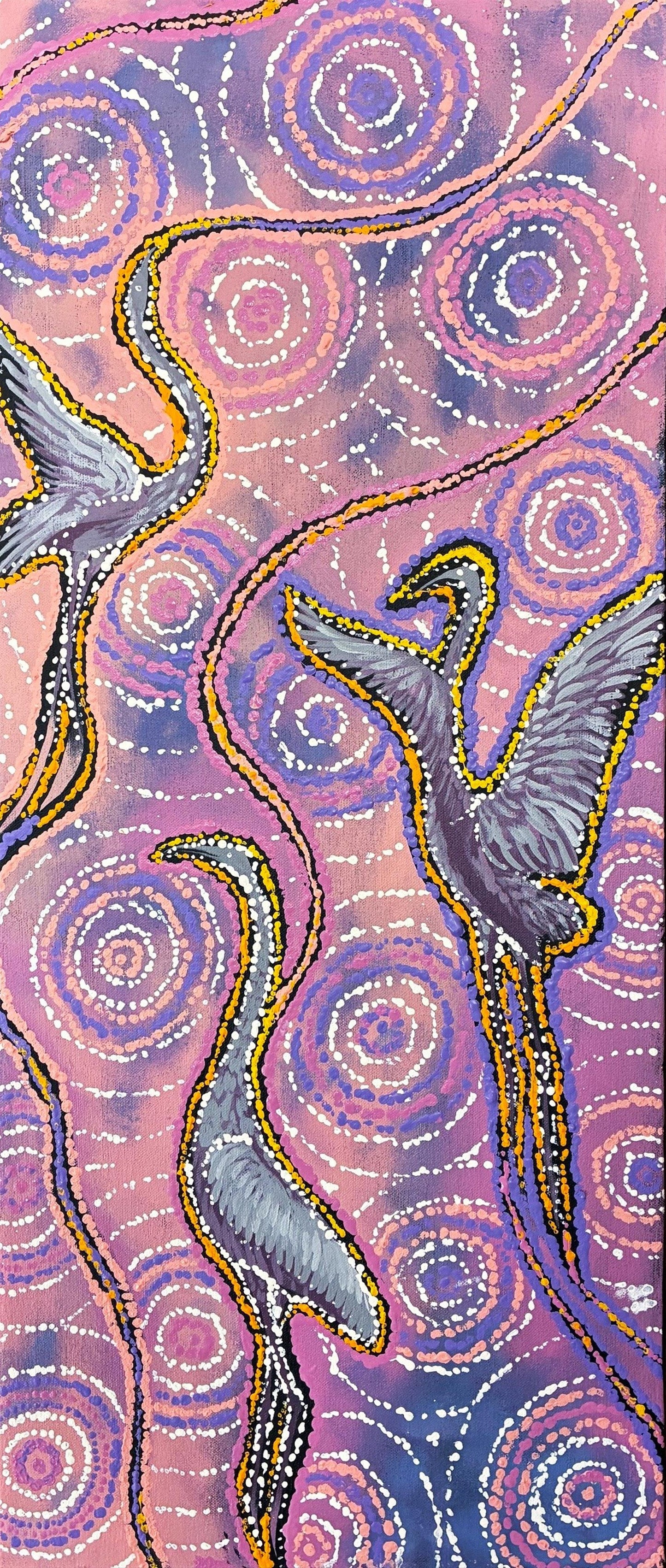 277-25 Dancing Brolga Story. 30cm x 70cm. Acrylic on canvas