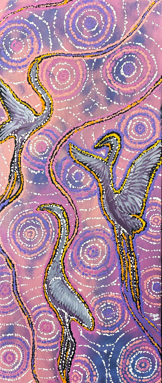 277-25 Dancing Brolga Story. 30cm x 70cm. Acrylic on canvas