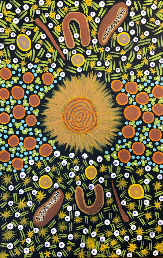 8-26 Gathering bush foods and Medicine for Ceremony - Women's Business. 70 x 45 Acrylic on Canvas