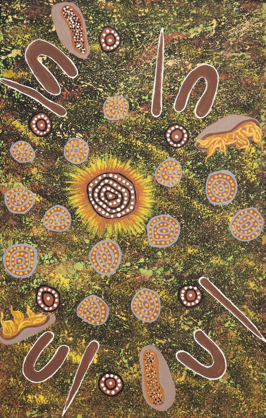 14-26 Gathering bush foods and Medicine for Ceremony - Women's Business. 70 x 45 Acrylic on Canvas